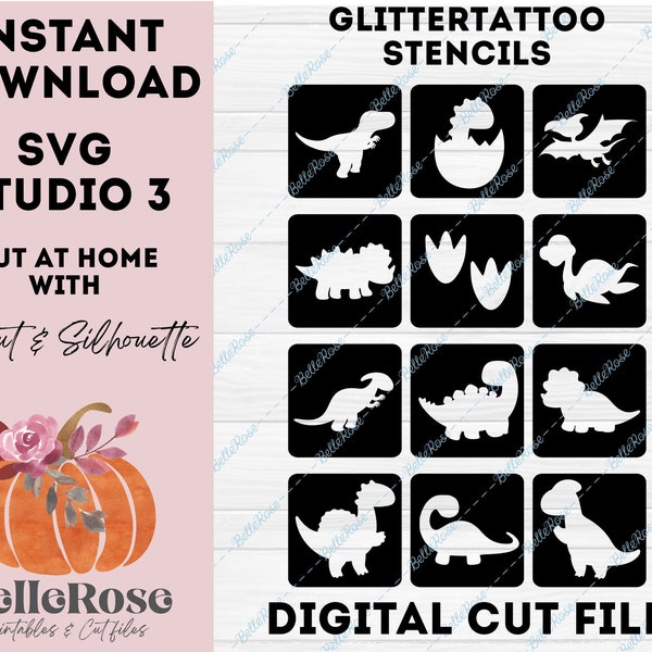 12 Glitter tattoo stencils SVG Dinosaur Stencil Dinosaurs Digital cut file Cricut maker Silhouette Studio Cameo 4 - Instant download