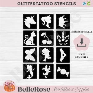 Glittertattoo pochoir Tatouages Paillettes SVG Favoris Filles Fichier de découpe Téléchargement Numérique Cricut Silhouette Cameo Studio 3