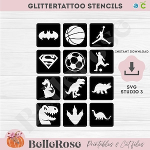 Pode incluir: Uma folha digital de estênceis para tatuagens de glitter em preto e branco com doze ícones quadrados. Os designs incluem um símbolo de morcego, basquete, atleta saltando, logotipo de super-herói, bola de futebol, jogador e vários dinossauros.