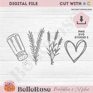 Puede incluir: Un archivo digital que contiene cuatro ilustraciones de líneas grises: un salero, una rama de romero, una rama de lavanda y un corazón dibujado a mano. La imagen incluye las etiquetas de texto: DIGITAL FILE, CUT WITH, INSTANT DOWNLOAD, PNG, SVG, STUDIO 3.