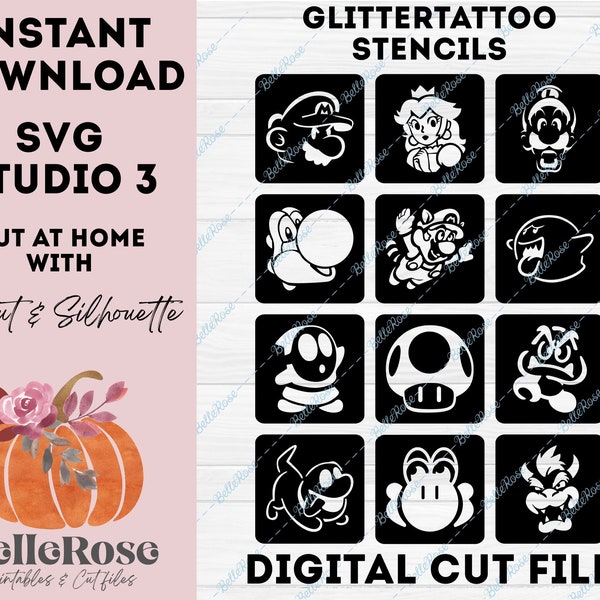 Glittertattoo pochoirs Tatouages Paillettes SVG Mario Yoshi Fichiers de découpe Téléchargement Numérique Cricut Silhouette Cameo Studio 3