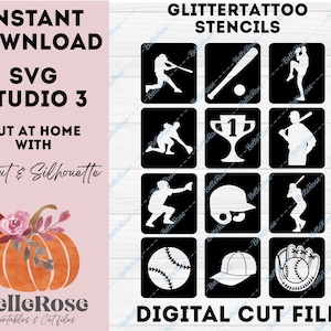 Glittertattoo pochoirs Tatouages Paillettes SVG Baseball l Fichier de découpe Téléchargement Numérique Cricut Silhouette Cameo Studio 3