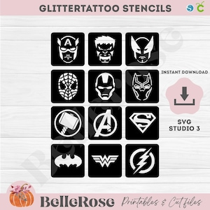 12 Glitzer Tattoo Schablonen SVG Lieblings Superhero Digital Cut Datei Cricut Silhouette Cameo Superhelden Held Thema - Instant Download
