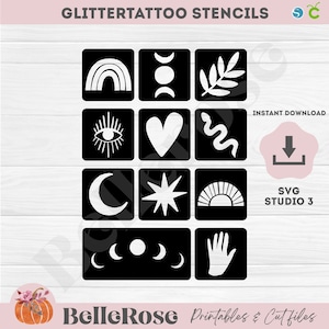 Glittertattoo pochoir Tatouages a Paillettes SVG Boho Chic Fichier de découpe Téléchargement Numérique Cricut Silhouette Cameo Studio 3