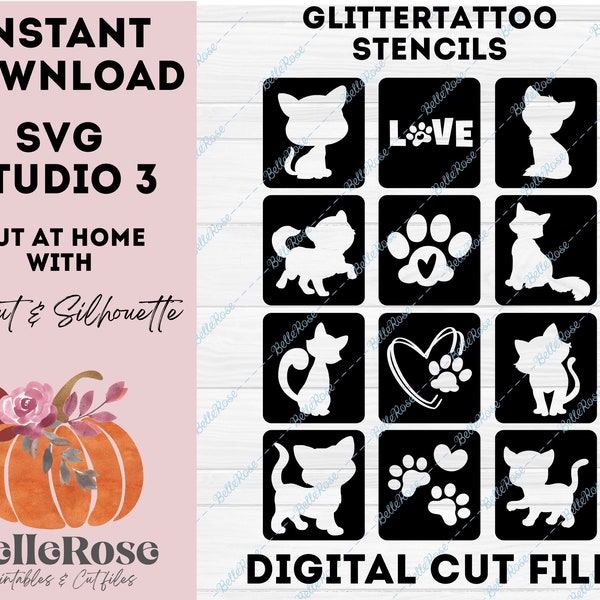 Glitter tattoo sjablonen SVG Stencil Kat Kittens Katten Digitaal Snijbestand Plotter Cricut Silhouette Cameo Studio v3 - Directe Download