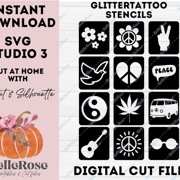 12 Glitter tattoo stencils SVG Flower Power Digital download Cut file Cricut Maker Silhouette cameo studio Love Peace Hippie 70s party theme
