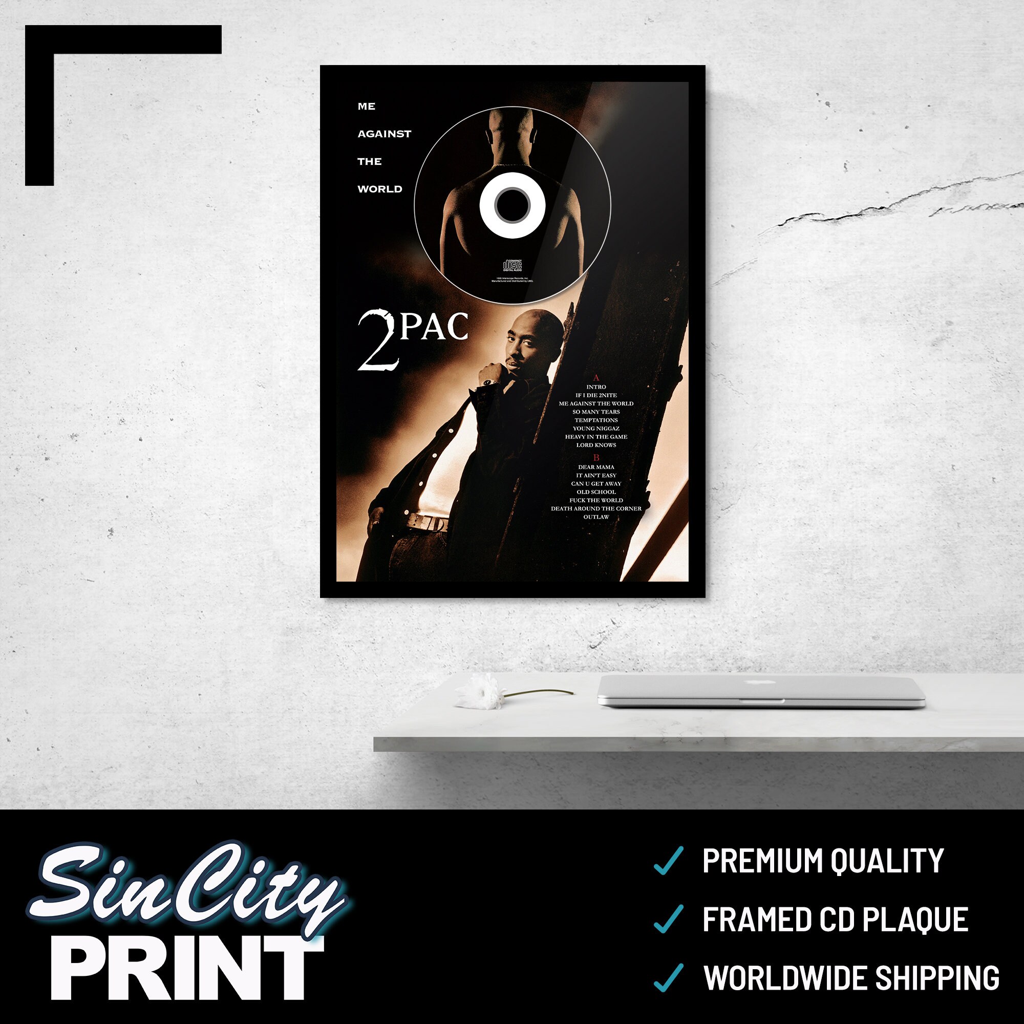 2Pac Tupac Shakur 'Me Against The World'  CD Album Plaque - Hip-Hop/Rap Music  Premium Matte Vertical Posters