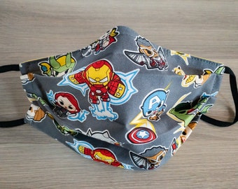 Super Hero Mask | Kawaii Avengers with Solid Yellow Backing, Cotton Two Layer Pleated Mask  with Flat Nose Wire, Machine Washable,
