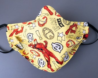 Super Hero Mask | Iron Man, Reversible with Solid Red Back, Face Mask, Cotton Pleated with Nose Wire and Filter Pocket