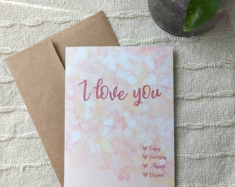 I Love You Card, Pink Love You Card, Romantic, Anniversary, Greeting Card with Envelope
