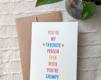 My Favorite Person Love Card, Funny Card, 5 x 7, Colorful, Minimalist Love Card with Envelope