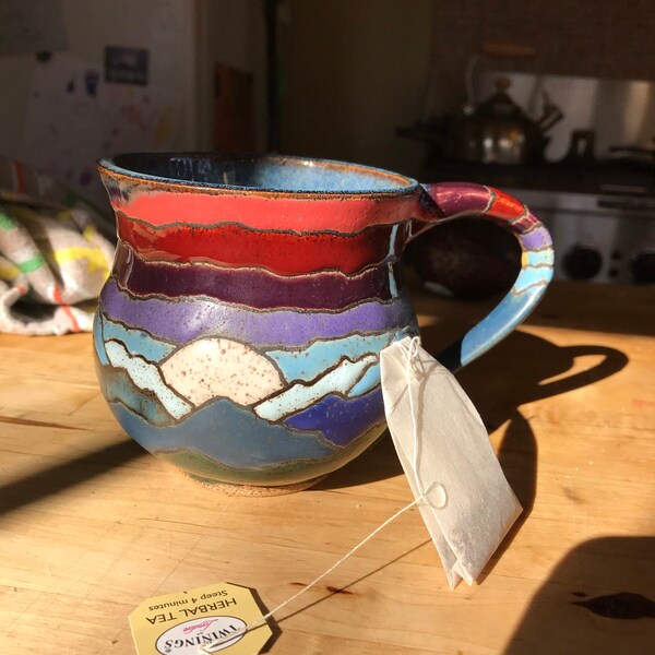 Blueridge Mountain Sunset Moonrise Ceramic Mug, Tactile Pottery