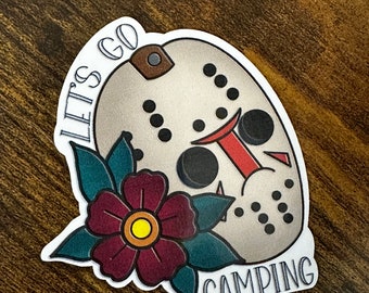 Let's Go Camping Jason Voorhees Matte Vinyl Sticker - Traditional Tattoo Decal