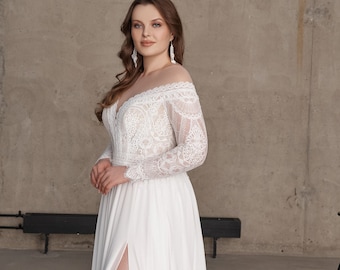 Plus size Boho Wedding Dress Long Lace Sleeves Wedding Dress Chiffon Airy Wedding Dress with Slit Rustic Lace Bohemian Wedding Dress