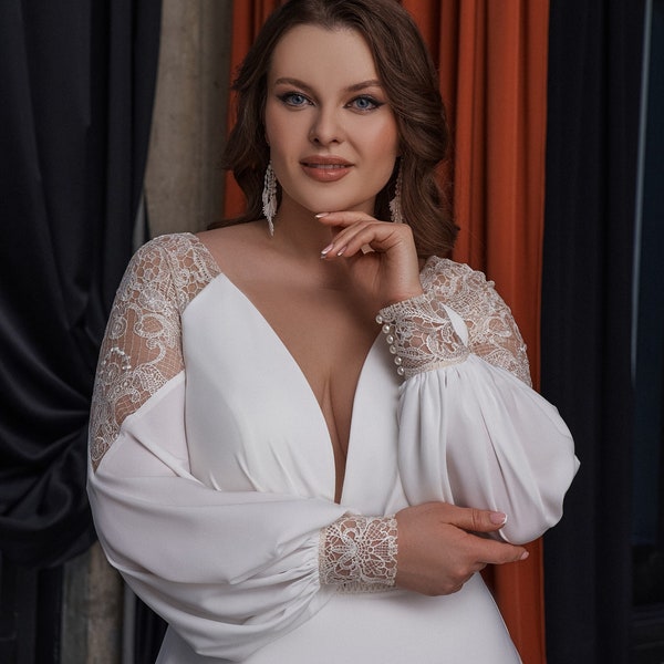 Plus size Boho Wedding dress Long sleeves wedding dress Lace sleeves plus size bohemian wedding dress Rustic lace wedding dress