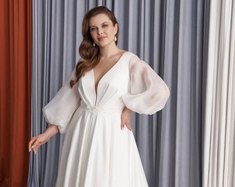 Plus size Minimalism Wedding Dress Long Puffy Sleeves Wedding Dress Simple A-line Wedding Dress Garden wedding dress Modern wedding dress