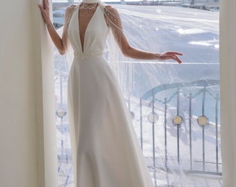 Simple Wedding Dress Detachable Cape Open Back Wedding Dress White Long Dresses Modern Women Pearl Cape Wedding Dress Low Back Wedding Dress