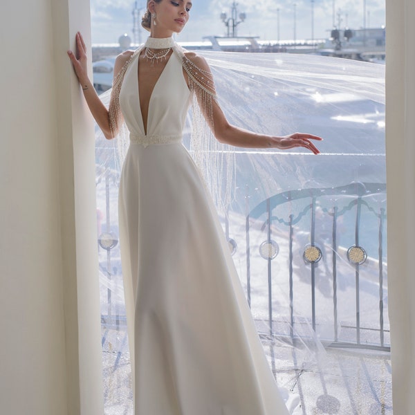 Light Weight Summer Wedding Dress with Pearls and Cape main image 0