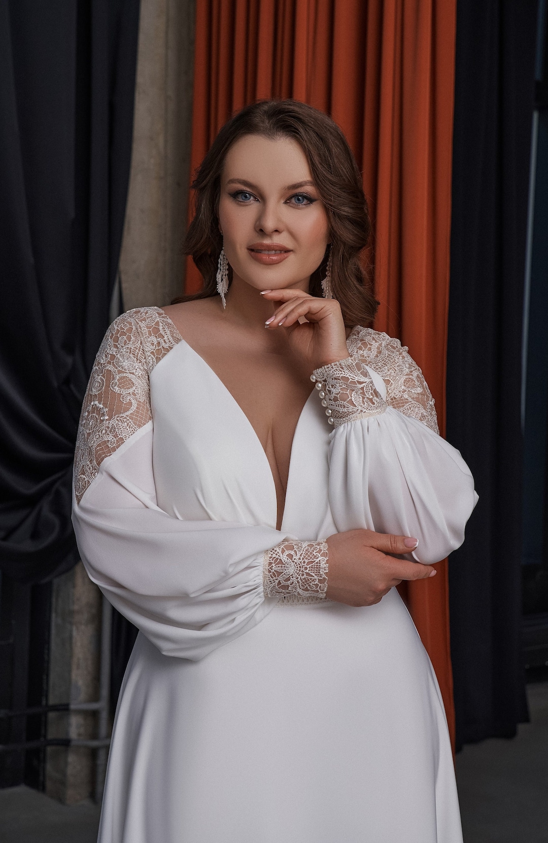 Plus size boho cheap wedding dress with sleeves