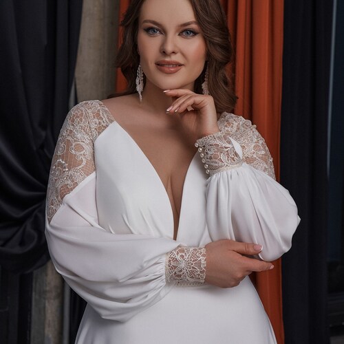 Plus Size Boho Wedding Dress With Long Wide Sleeves V - Etsy