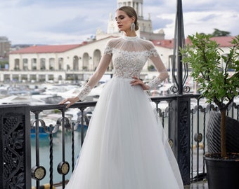 High-Neck Wedding Dress Modern Style Illusion Wedding Dress Mockneck Long Sleeves A-line Wedding Dress Elegant Classic Sparkled Beaded Gown,