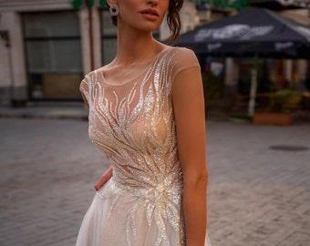 Appliques de dentelle étonnantes perlées avec jupe trapèze étincelante à dos ouvert, style moderne, robe de mariée de luxe Boho, robe de mariée à paillettes