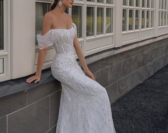 Glitter Lace Mermaid Wedding Dress Off Shoulder Bridal Gown Sparkly Bridal dresses Custom made gown with Long Trail Stunning Wedding Dress