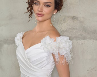 Delicate Minimalist Gown Decorated With Handmade Flowers and Feathers Off the Shoulders Wedding Dress 3D Flowers wedding dress Open Back