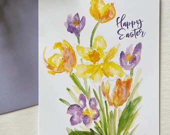 Easter cards, Spring Flowers, Boxed Easter Cards, Daffodils, Tulips, Happy Easter, Purple, Bouquet of Spring flowers,