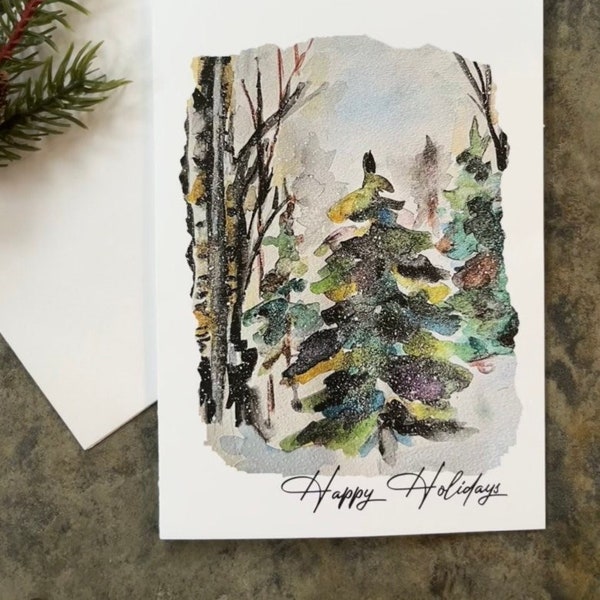 Holiday cards, Christmas cards, tree, birch trees, boxed greeting cards, trees with snow, purple green cards, boxed holiday cards, be kind