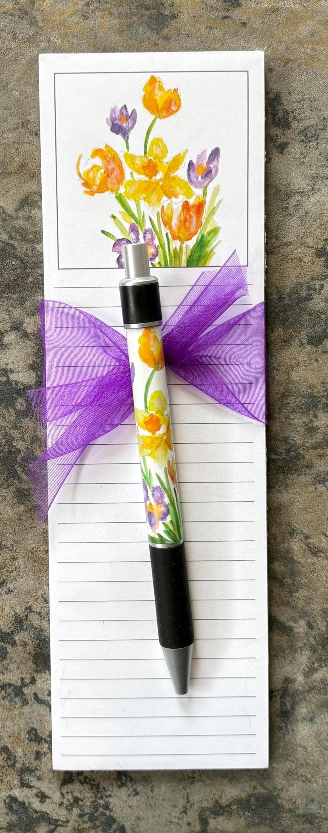 Watercolor Spring Flowers Notepad and Pen Set, Lined Grocery Note Pad ...