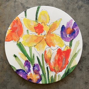 Trivet, Flowers, Daffodils, Tulips, Soapstone Trivet, Gift for Gardener, Kitchen item, Pot holder image 1