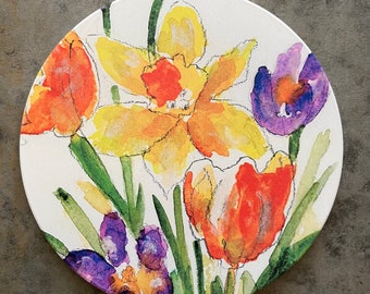 Trivet, Flowers, Daffodils, Tulips, Soapstone Trivet, Gift for Gardener, Kitchen item, Pot holder