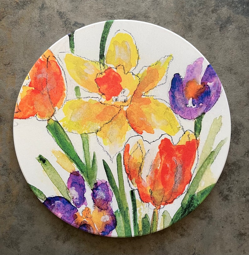 Trivet, Flowers, Daffodils, Tulips, Soapstone Trivet, Gift for Gardener, Kitchen item, Pot holder image 1