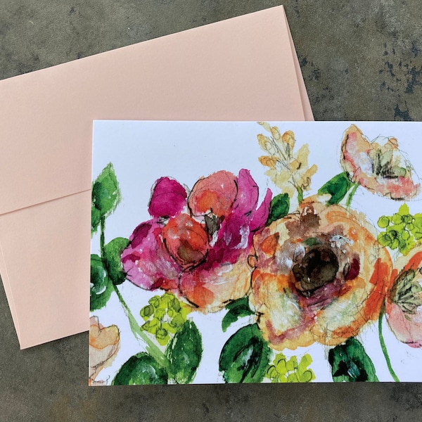 Note Cards Set of 6, Watercolor Flower Note Cards,Pink Floral, Botanical, Folded Stationery, Notecards Blank With Envelopes