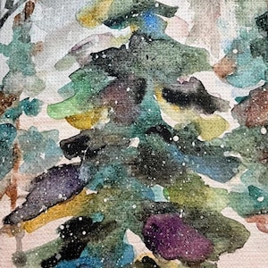 May include: Watercolor painting of evergreen trees in a snowy forest. The artwork features a palette of greens, blues, yellows, and purples, with white accents suggesting snowfall. The style is loose and impressionistic, evoking a winter landscape.