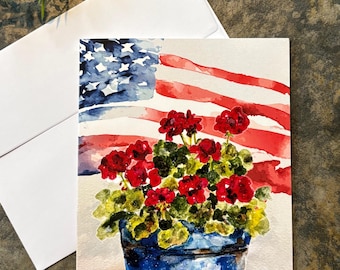 Watercolor Geraniums American Flag Note Cards, Patriotic Floral Stationery Set