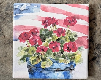 Watercolor Geranium American Flag Coaster, Patriotic Drink Coaster, Soapstone Home Decor