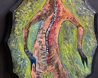 May include: A wooden plaque with a painted image of a humanoid figure with a long, segmented spine. The figure is painted in shades of brown, red, and white, and the background is a swirling green and yellow.
