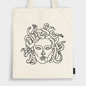 Medusa Line Art NATURAL TOTE BAG, Greek Mythology Canvas Bag, Snakes Abstract Organic Cotton Canvas Shopping Bag, Sustainable Streetwear
