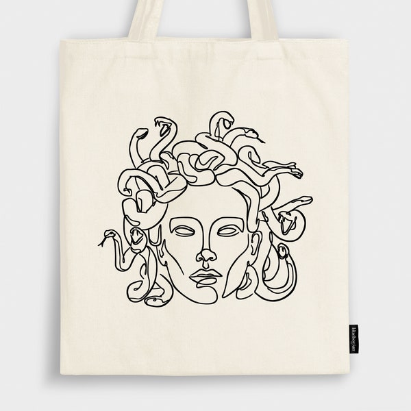 Medusa Line Art NATURAL TOTE BAG, Greek Mythology Canvas Bag, Snakes Abstract Organic Cotton Canvas Shopping Bag, Sustainable Streetwear