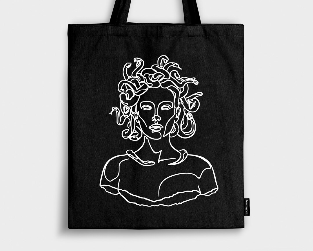 Medusa Line Art BLACK TOTE BAG, Greek Mythology Canvas Bag, Snakes
