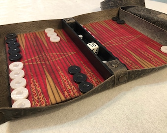 Rustic Floral Leather Roll Up Travel Backgammon Checkers Chess Set