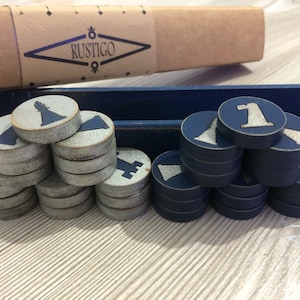 Wooden flat chess pieces/25mm Diameter,5,5mm Thickness/Blue and Silver distressed chess pieces/Vintage looking chess pieces