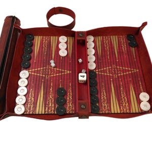 Rustic Red Leather Roll-Up Travel Backgammon, Checkers & Dice Tray