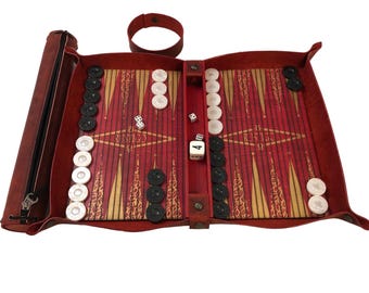 Rustic Red Leather Roll-Up Travel Backgammon, Checkers & Dice Tray