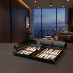 May include: A portable backgammon set featuring a dark gray suede-like folding board with a wood-grain patterned interior. The set includes circular game pieces in tan and gray, two dice, and a matching dark gray cylindrical carrying case.