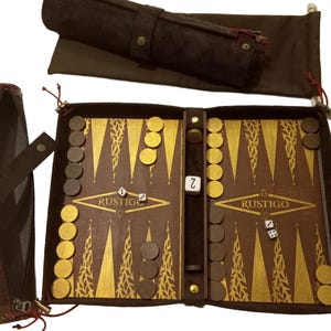 Portable,Rollup,Travel Backgammon/Checkers/Chess/Dice Tray All in One Game Brown Vegan Suede,Burgundy details ,Wooden board/Travel Gift