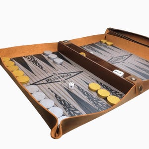 Portable,Rollup,Travel Backgammon/Checkers/Chess/Dice Tray All in One Game/Brown Fullgrain Leather/Wooden Inlay/Travel Gift