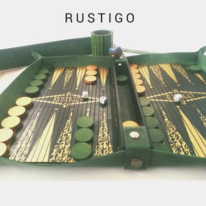 Portable,Rollup,Travel Backgammon/Checkers/Chess/Dice Tray All in One Game,Green Fullgrain Leather,Wooden Inlay/Travel Gift